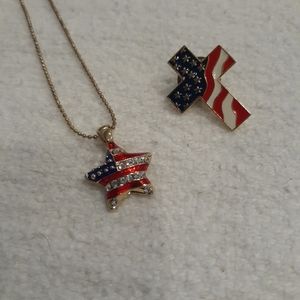 USA Flag Necklace and pin EUC